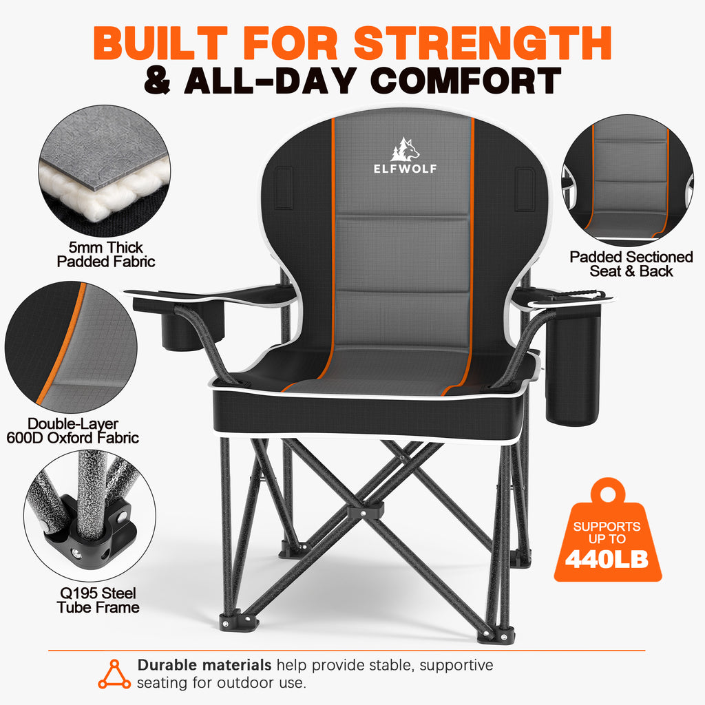 ELFWOLF Oversized Padded Camping Chair, 450 lb Heavy Duty Folding Camp Chair for Adults with Cooler Bag, Cup Holder, Rear Mesh Pocket and Carry Bag, Black/Dark Gray
