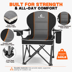 ELFWOLF Oversized Padded Camping Chair, 450 lb Heavy Duty Folding Camp Chair for Adults with Cooler Bag, Cup Holder, Rear Mesh Pocket and Carry Bag, Black/Dark Gray