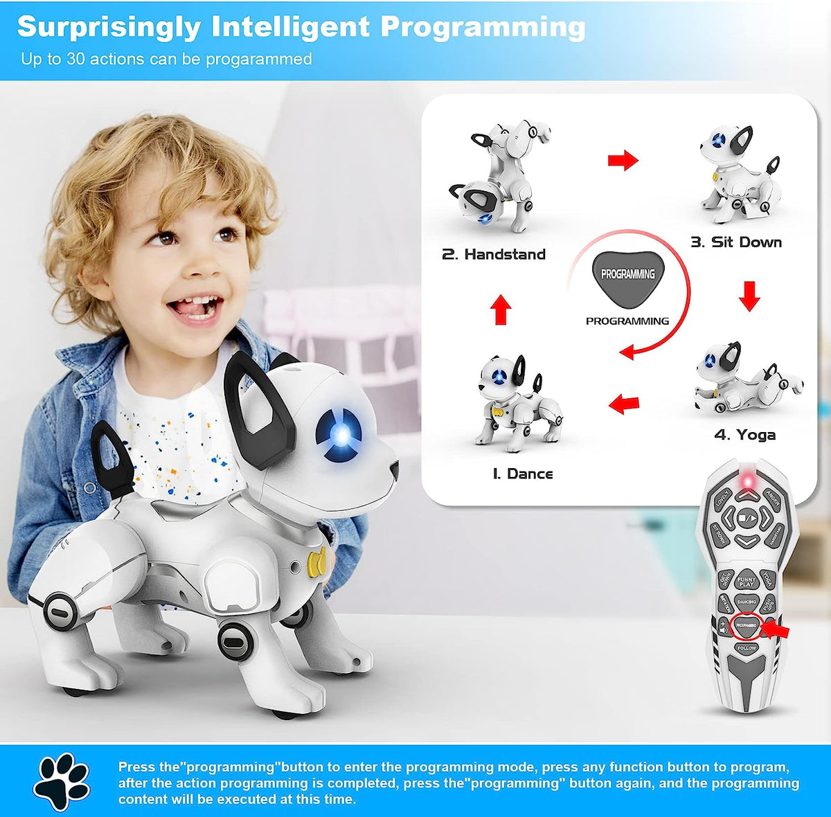 BEEPRINCESS RC Robot Dog, Electronic Pet Dog with Voice Control, Interactive and Stunt, White/Black