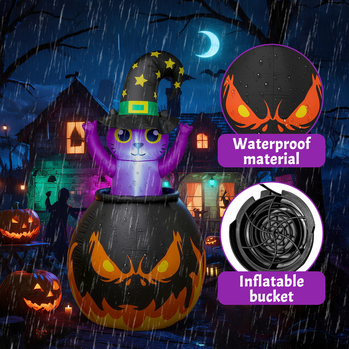 BeePrincess 6FT Halloween Inflatable - Glowing Witch Cat with LED Lights, Halloween Party Indoor Outdoor Yard Garden