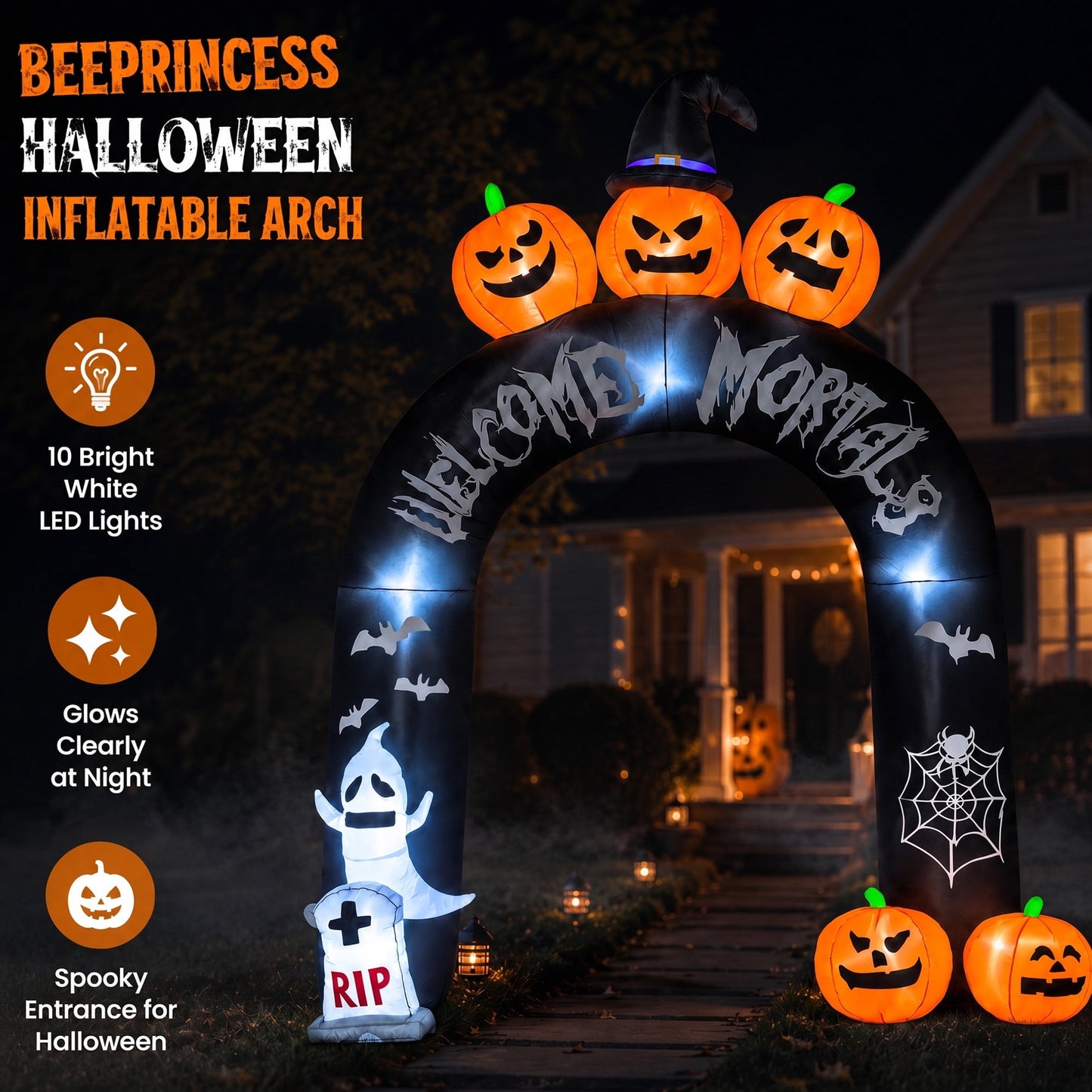 BEEPRINCESS 10FT Halloween Inflatable Arch for Outdoor Decor, LED Lighted Scary Archway with Ghost & Pumpkin, Blow Up Yard Decoration for Haunted Party Graveyard