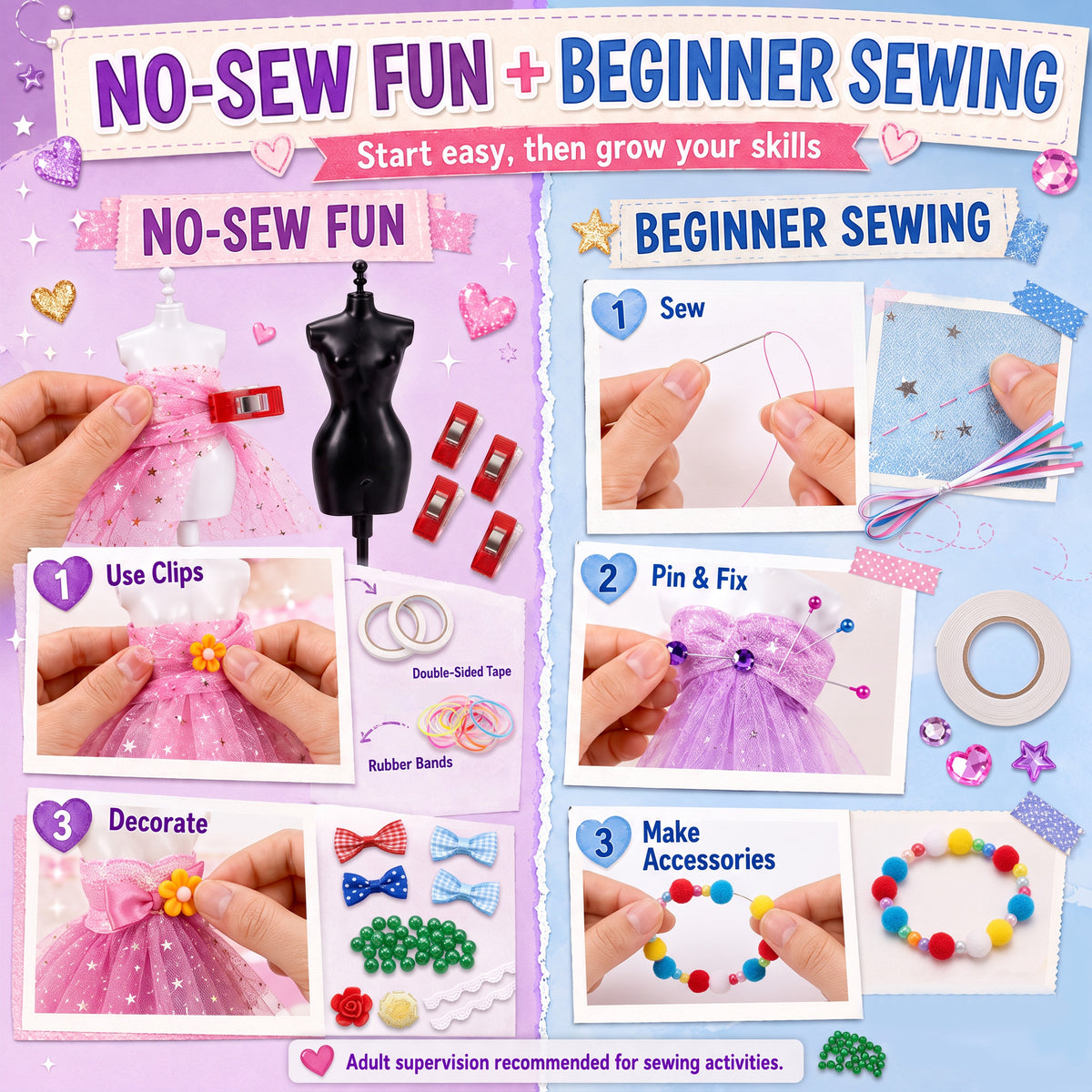 BEEPRINCESS 1500+ Pcs Fashion Designer Kit for Girls, DIY Doll Clothes Making Sewing Kit with 2 Dolls, 6 Mannequins, 60 Fabrics, Templates, Ribbons, Shoes & Bags, Arts and Crafts Toy Gift for Ages 6+