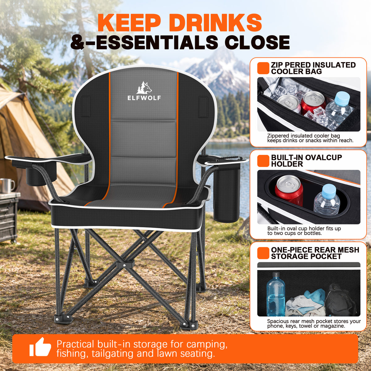 ELFWOLF 2 Pack Oversized Padded Camping Chairs, 450 lb Heavy Duty Folding Camp Chairs for Adults with Cooler Bag, Cup Holder, Rear Mesh Pocket and Carry Bags, Black/Dark Gray