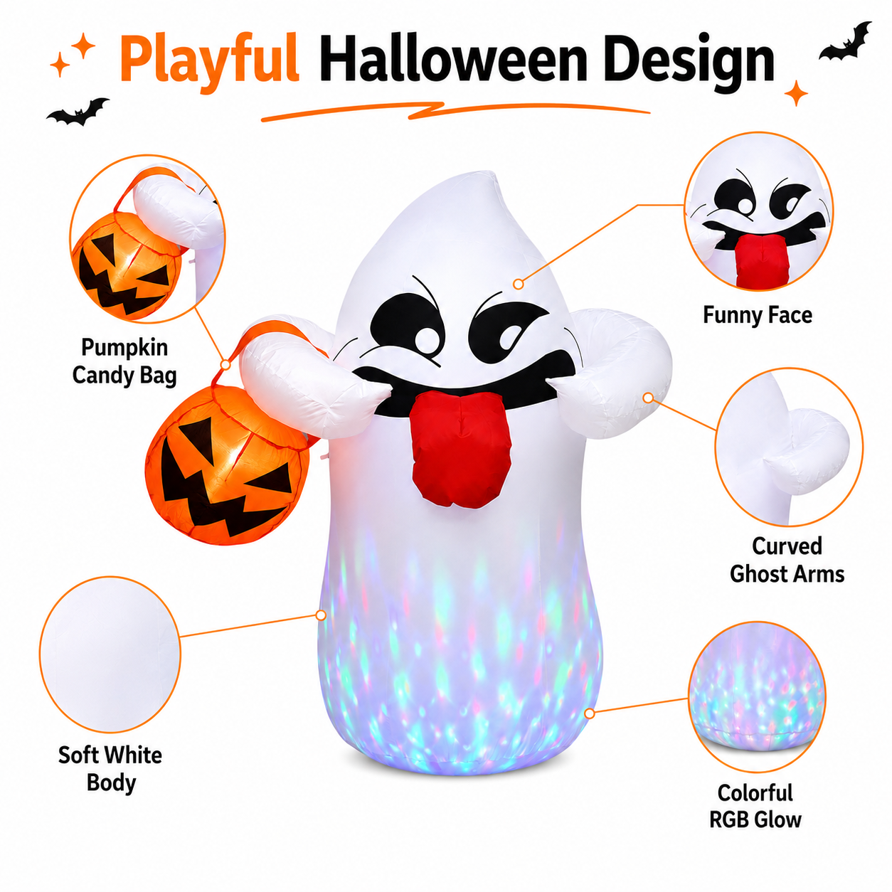 BEEPRINCESS 5FT Halloween Inflatable Ghost Holding Pumpkin Lantern, Light-Up Blow Up Outdoor Yard Decoration with RGB LED Lights