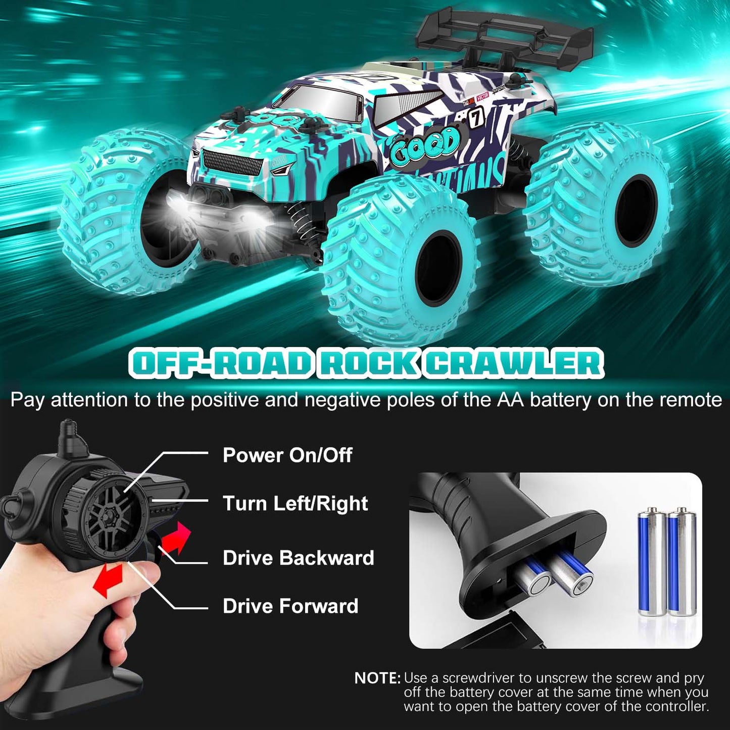 BEEPRINCESS Remote Control Car, 1:18 Scale All Terrain RC Cars, 2WD 20Km/h with Colorful LED Light and 2 Rechargeable Batteries, RC Monster Truck Off-road Racing Car Toys for Kids and Boys, Blue