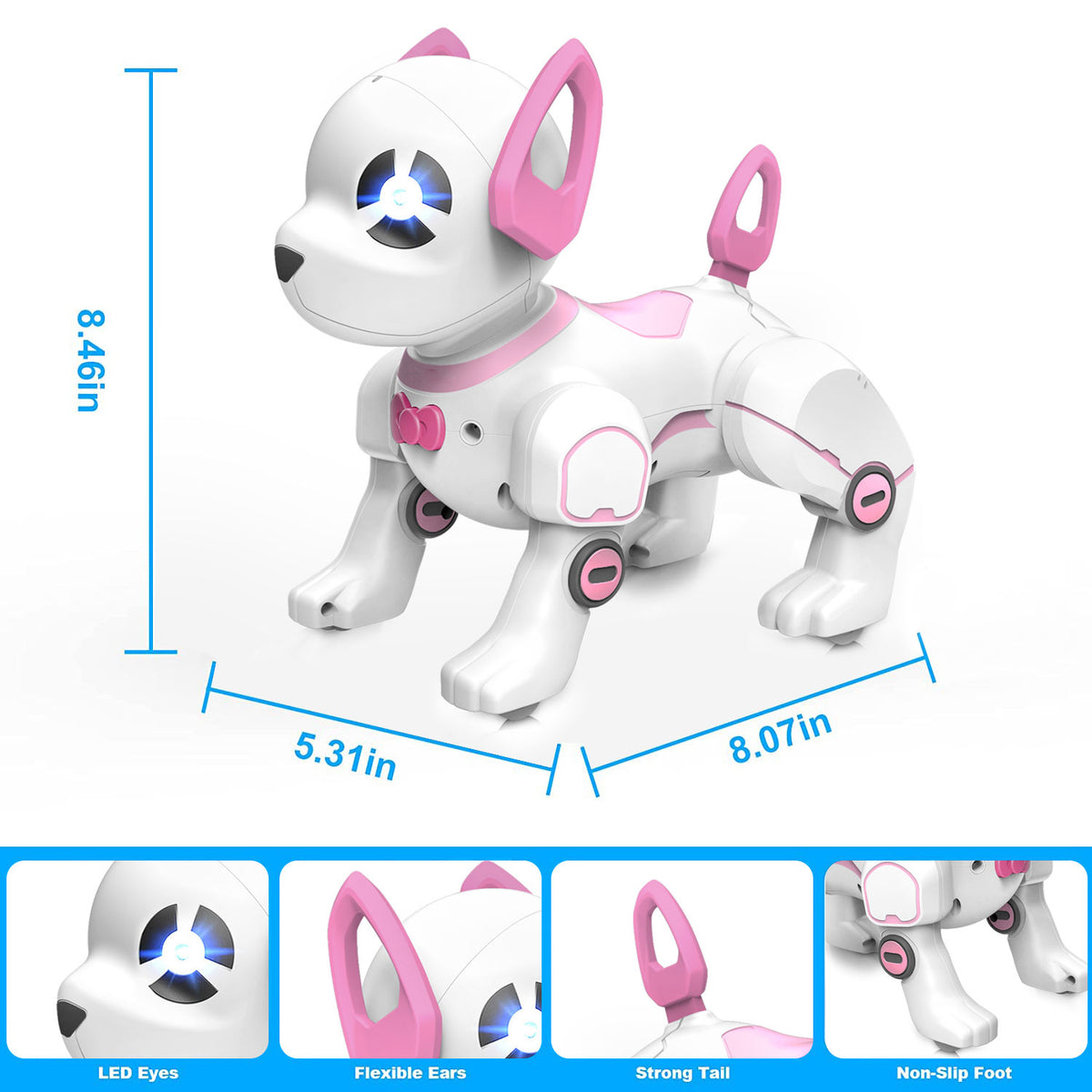 BEEPRINCESS RC Robot Dog, Electronic Pet Dog with Voice Control, Interactive and Stunt, White/Pink