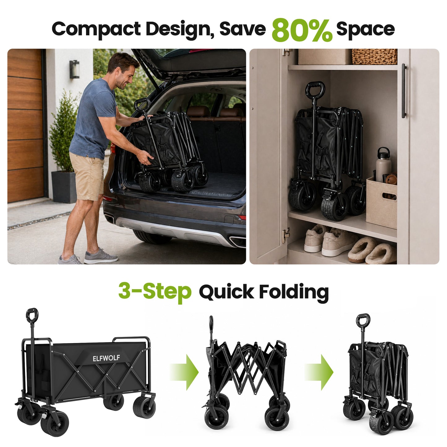 ELFWOLF Heavy Duty Folding Wagon Cart, 330 lb Load Capacity, All-Terrain Wheels, Portable Collapsible Wagon for Camping, Gardening, Sports, Shopping & Grocery Transport