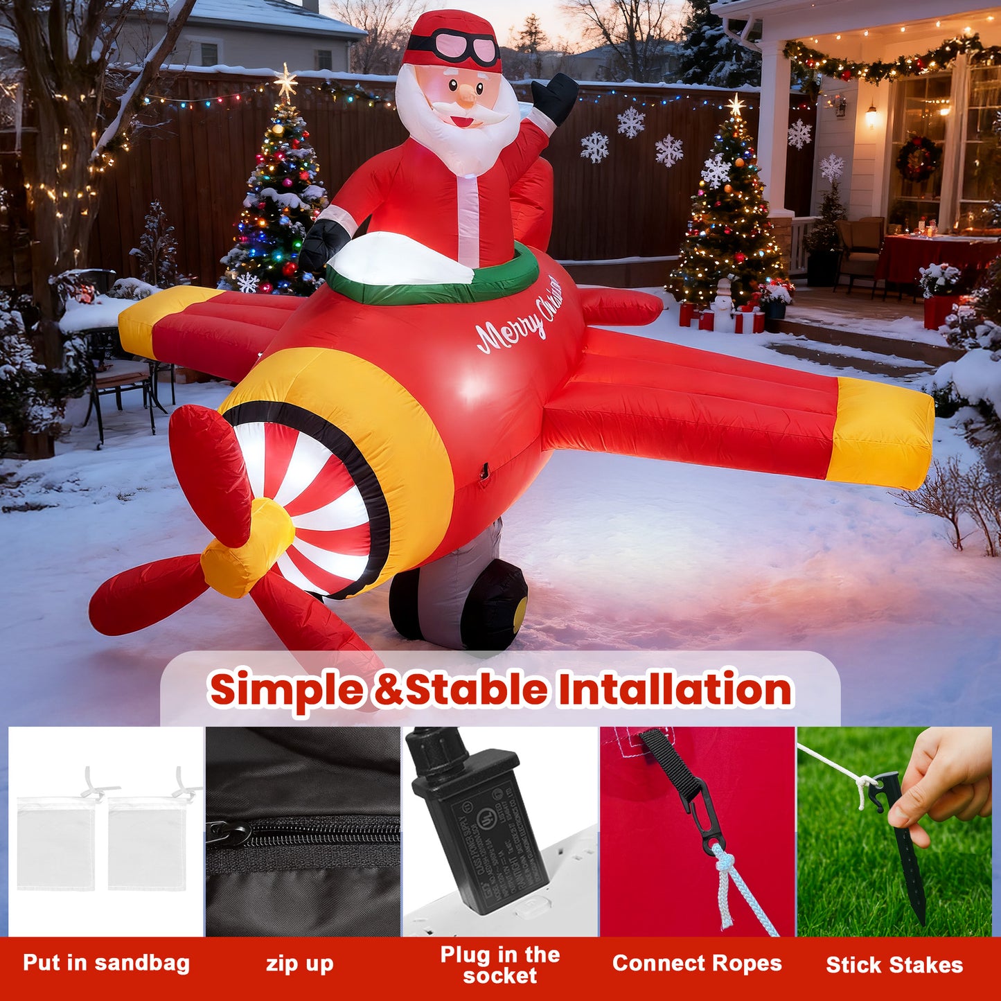 BeePrincess 7ft Animated Santa Helicopter Christmas Inflatable – Light-Up Flying Santa Claus, Outdoor Christmas Yard Decoration for Lawn, Garden, Party