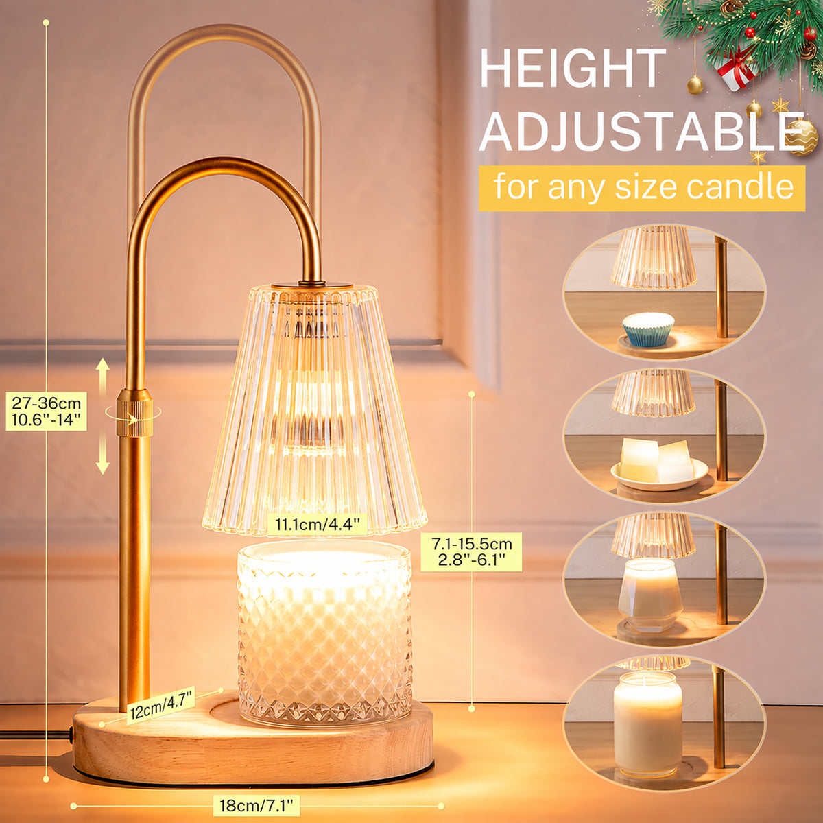 Candle Warmer Lamp with Timer, Dimmable, Adjustable Height - Electric Top Down Melting for All Jar Candles - Home Decor Wax Melter Light in Amber (Includes 2 Halogen Bulbs)