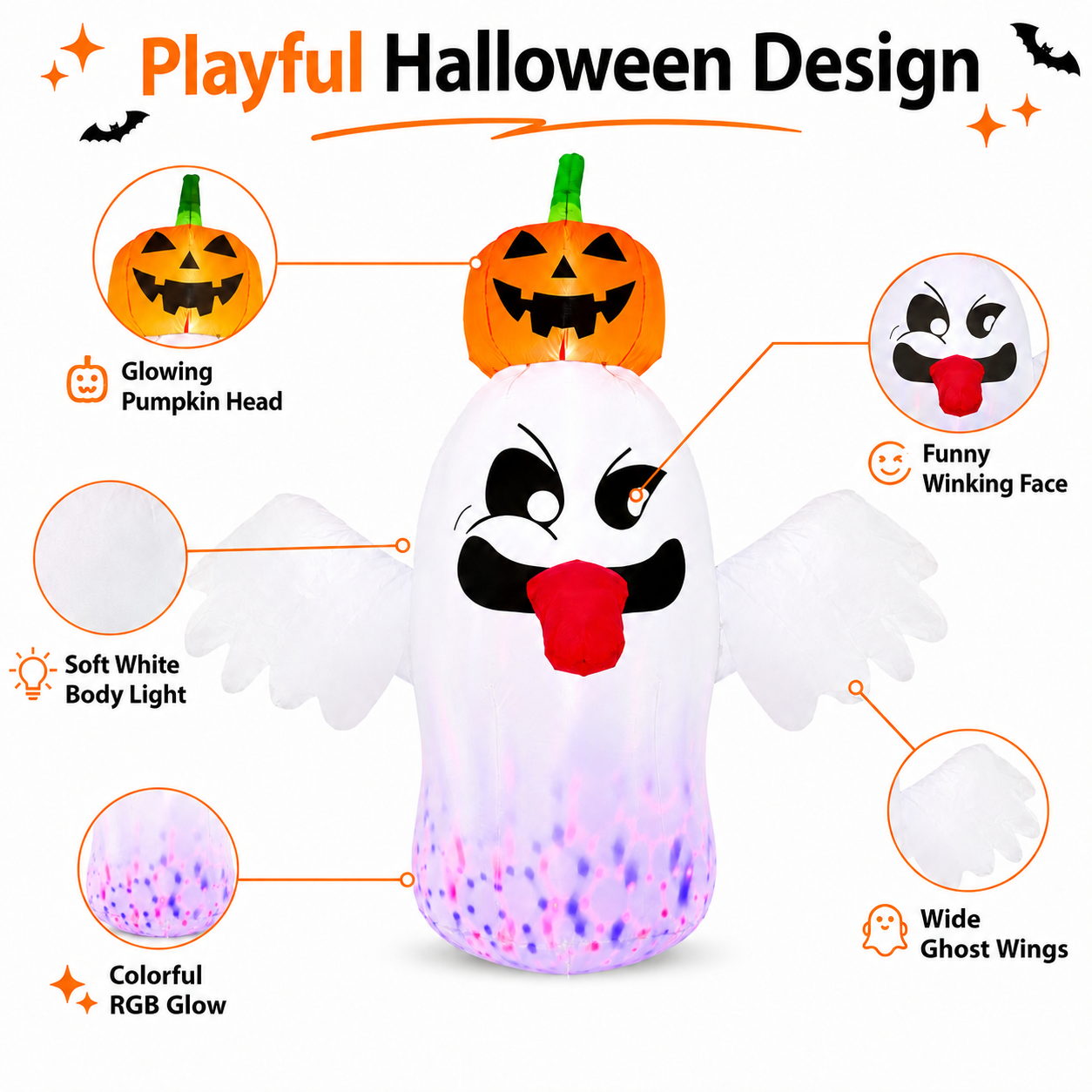 BEEPRINCESS 6FT Halloween Inflatable Ghost with Pumpkin Head, Light-Up Blow Up Outdoor Yard Decoration with White and RGB LED Lights