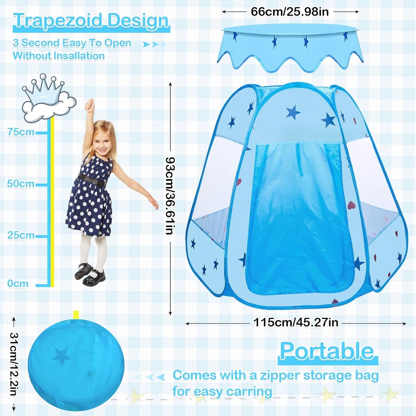 BEEPRINCESS Princess Playhouse Tent for Toddlers and Girls, Indoor & Outdoor Pop Up Play Tent for Kids, Foldable Ball Pit with Carrying Bag, Birthday Gifts for 1-3 Years Old Toddlers and Girls, Blue