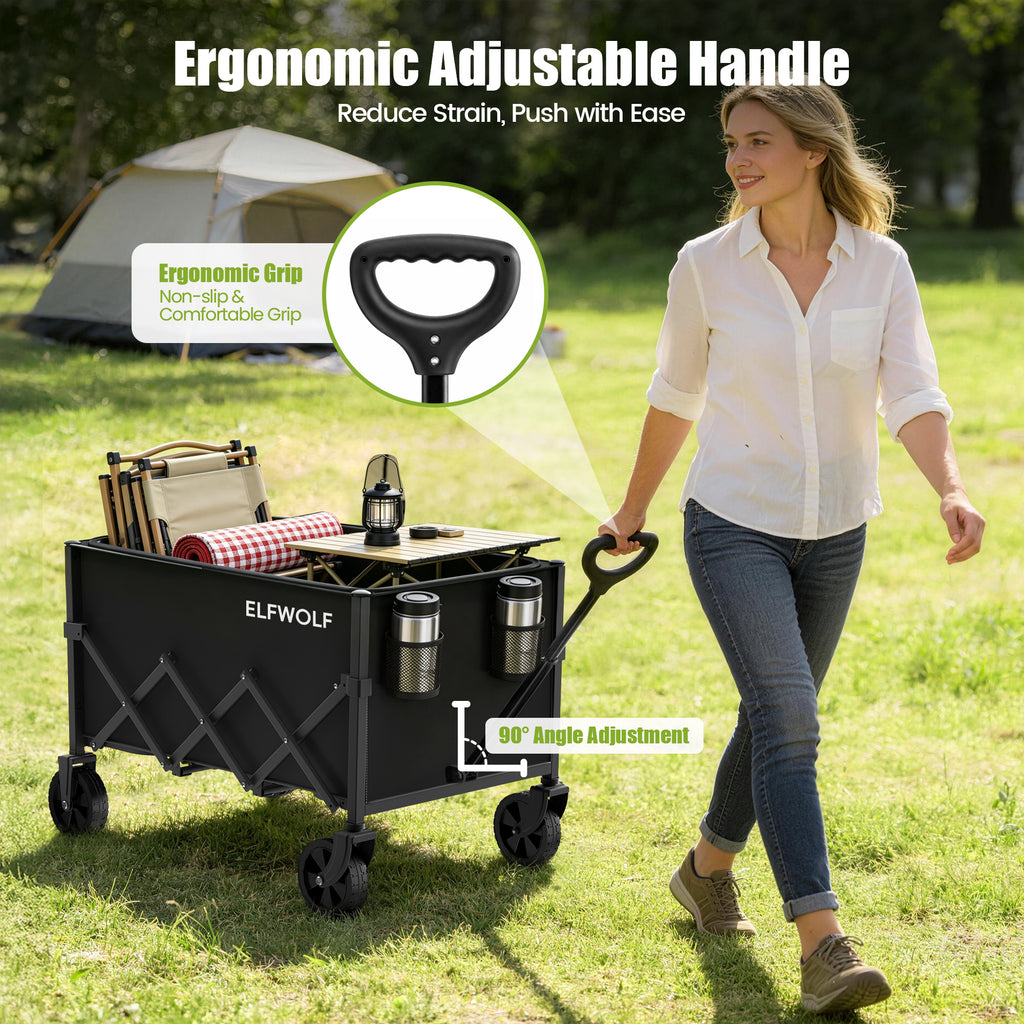 ELFWOLF Collapsible Wagon Cart, 220 lb Load Capacity, Lightweight Folding Wagon with Wheels for Camping, Gardening, Sports, Shopping & Grocery Transport