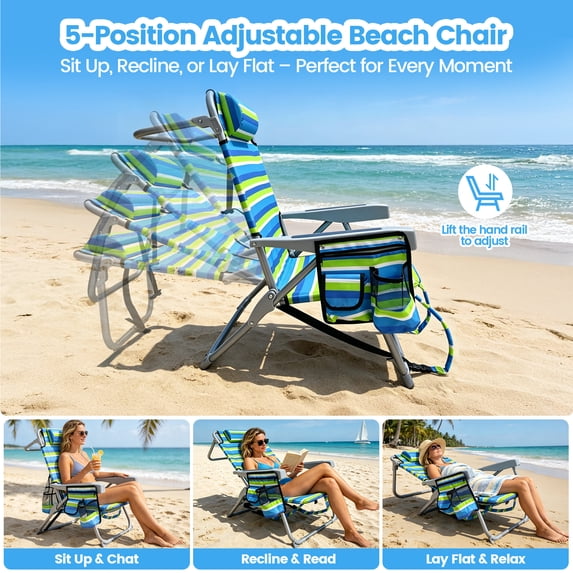 ELFWOLF Backpack Beach Chair for Adults, Lightweight Portable Folding Sand Chair, Double-Layer Oxford Fabric Supports up to 350 LBS, Blue & Green Stripe