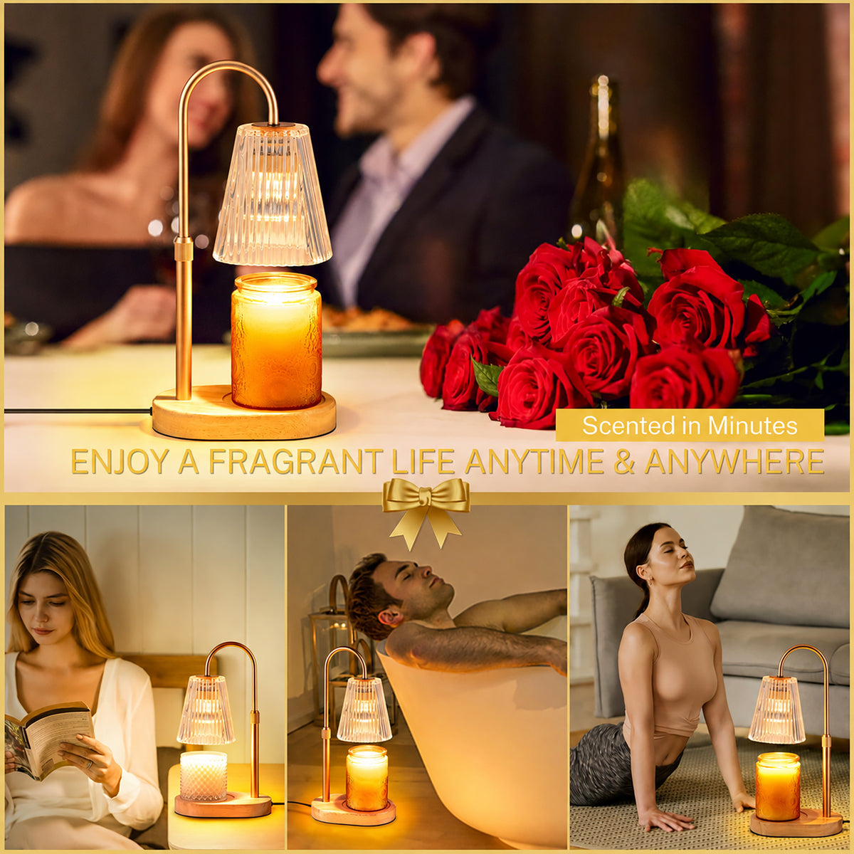 Candle Warmer Lamp with Timer, Dimmable, Adjustable Height - Electric Top Down Melting for All Jar Candles - Home Decor Wax Melter Light in Amber (Includes 2 Halogen Bulbs)