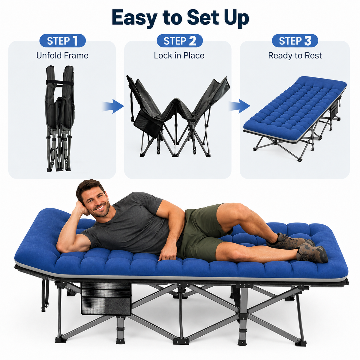 ELFWOLF XXL Camping Cot for Adults, 600lb Heavy Duty Folding Cot with Padded Mattress, 78 x 32 in Portable Cot with Carry Bag