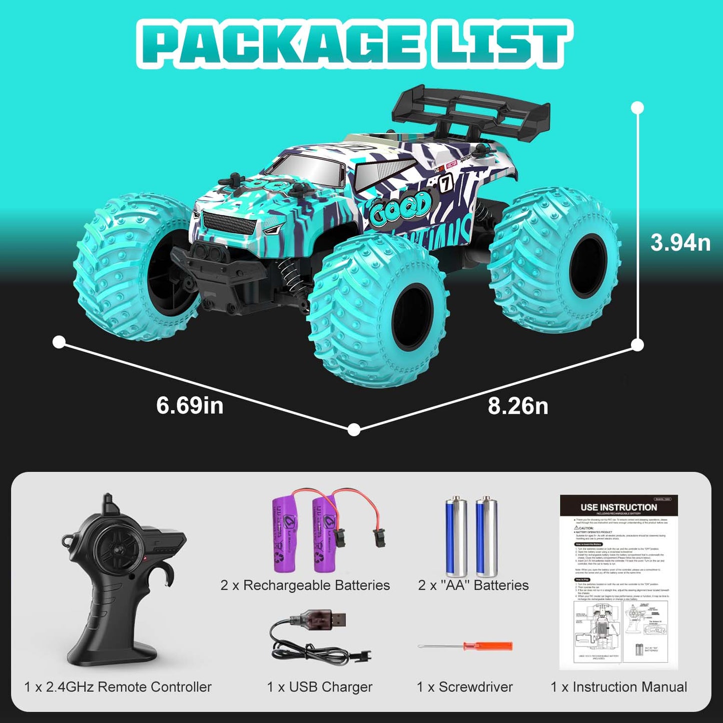 BEEPRINCESS Remote Control Car, 1:18 Scale All Terrain RC Cars, 2WD 20Km/h with Colorful LED Light and 2 Rechargeable Batteries, RC Monster Truck Off-road Racing Car Toys for Kids and Boys, Blue