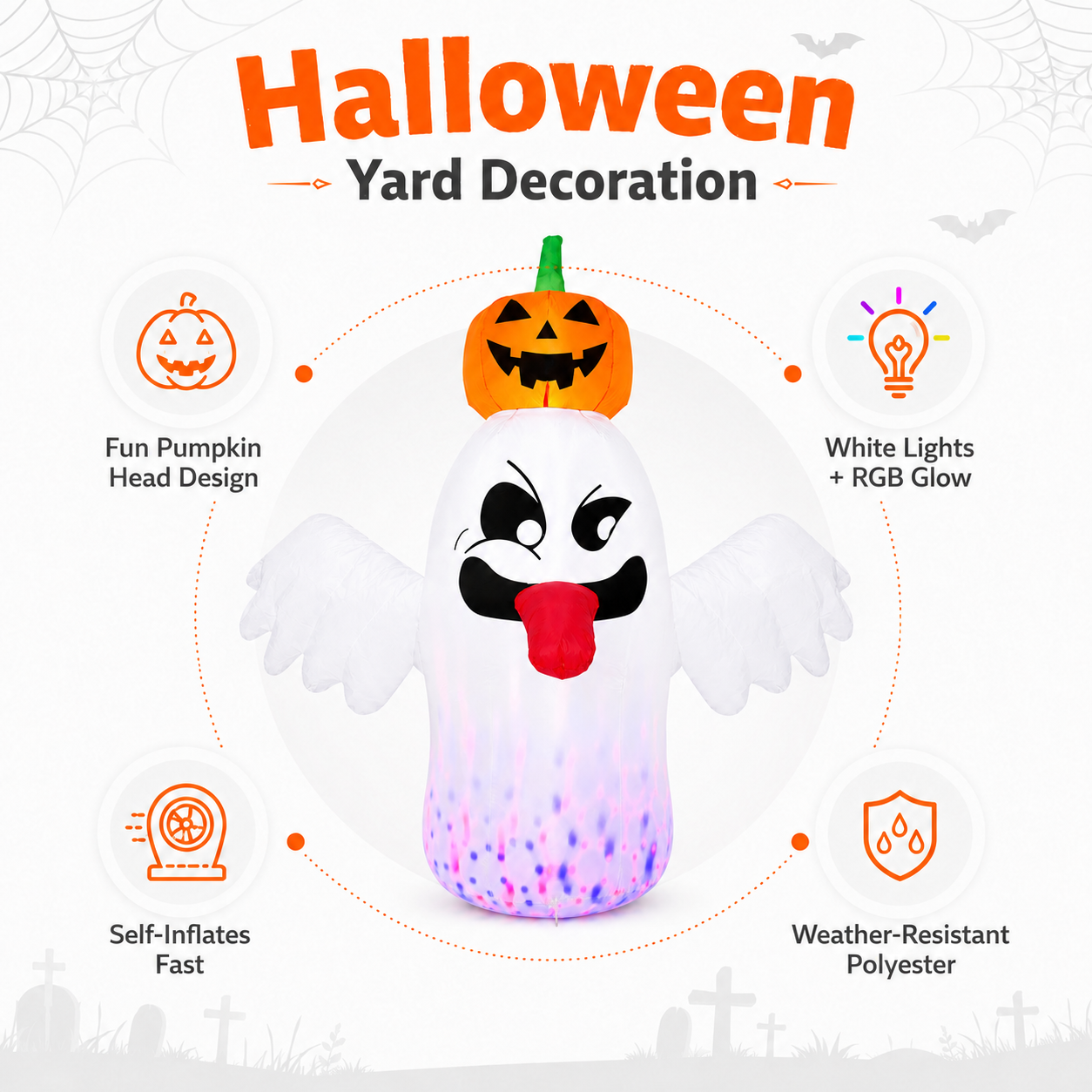 BEEPRINCESS 6FT Halloween Inflatable Ghost with Pumpkin Head, Light-Up Blow Up Outdoor Yard Decoration with White and RGB LED Lights