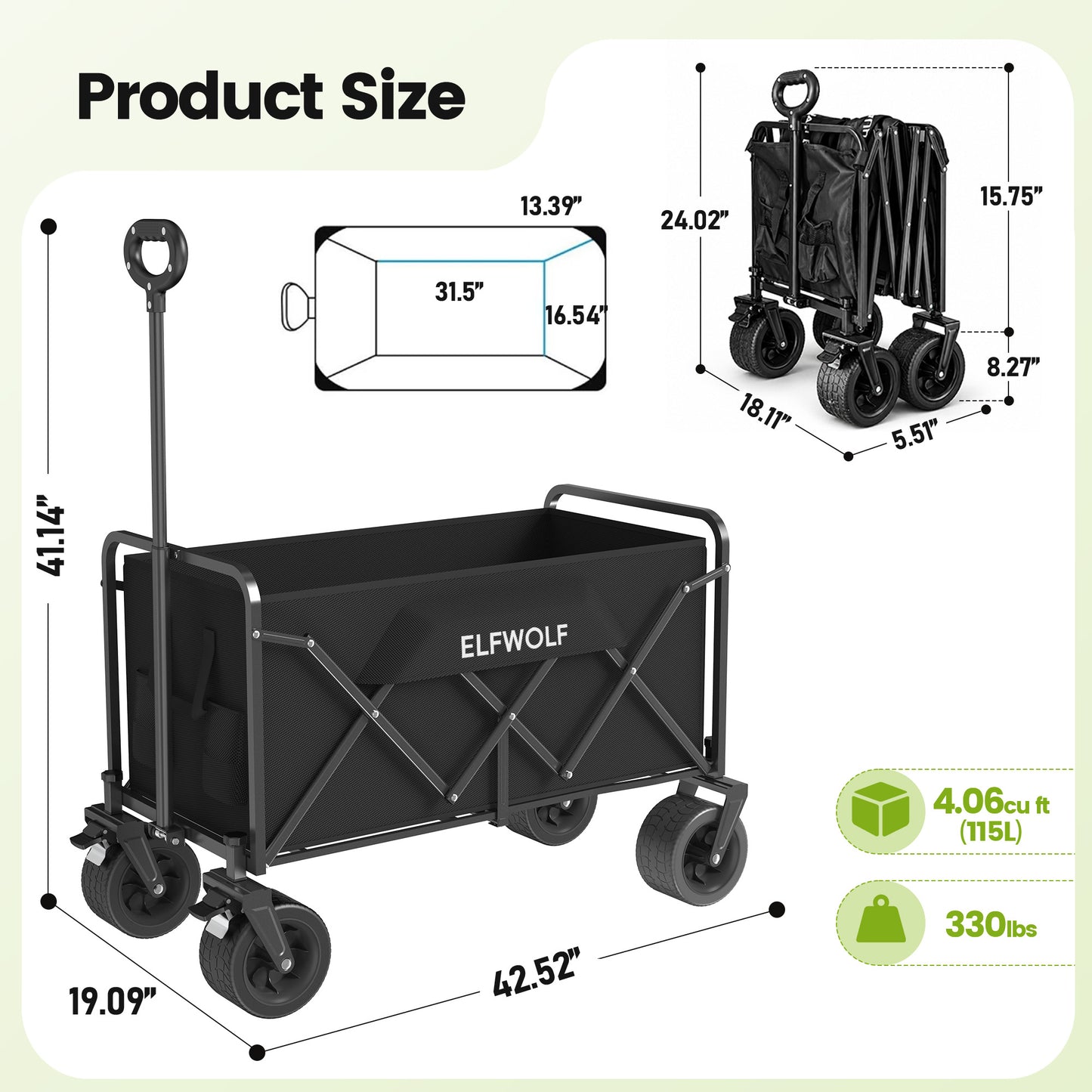 ELFWOLF Heavy Duty Folding Wagon Cart, 330 lb Load Capacity, All-Terrain Wheels, Portable Collapsible Wagon for Camping, Gardening, Sports, Shopping & Grocery Transport