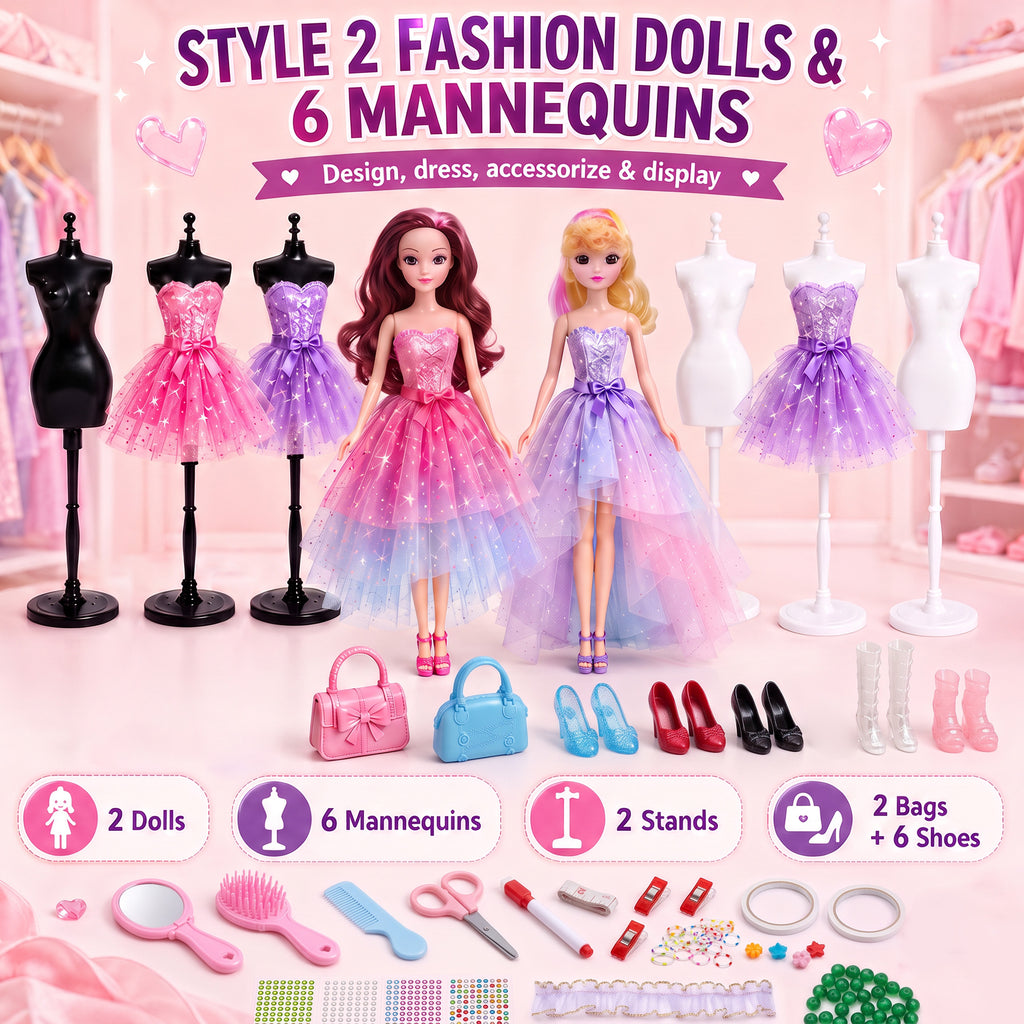 BEEPRINCESS 1500+ Pcs Fashion Designer Kit for Girls, DIY Doll Clothes Making Sewing Kit with 2 Dolls, 6 Mannequins, 60 Fabrics, Templates, Ribbons, Shoes & Bags, Arts and Crafts Toy Gift for Ages 6+