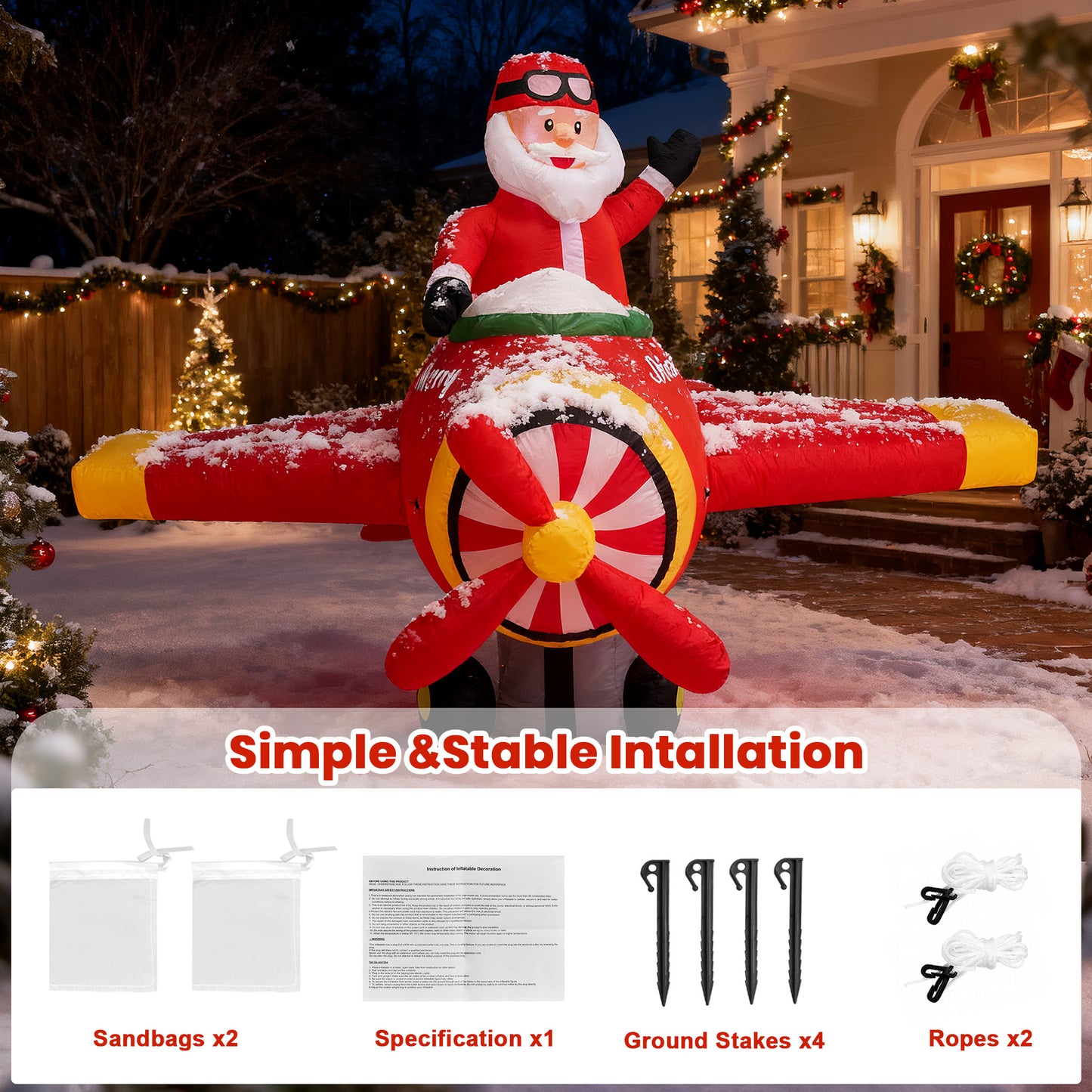 BeePrincess 7ft Animated Santa Helicopter Christmas Inflatable – Light-Up Flying Santa Claus, Outdoor Christmas Yard Decoration for Lawn, Garden, Party