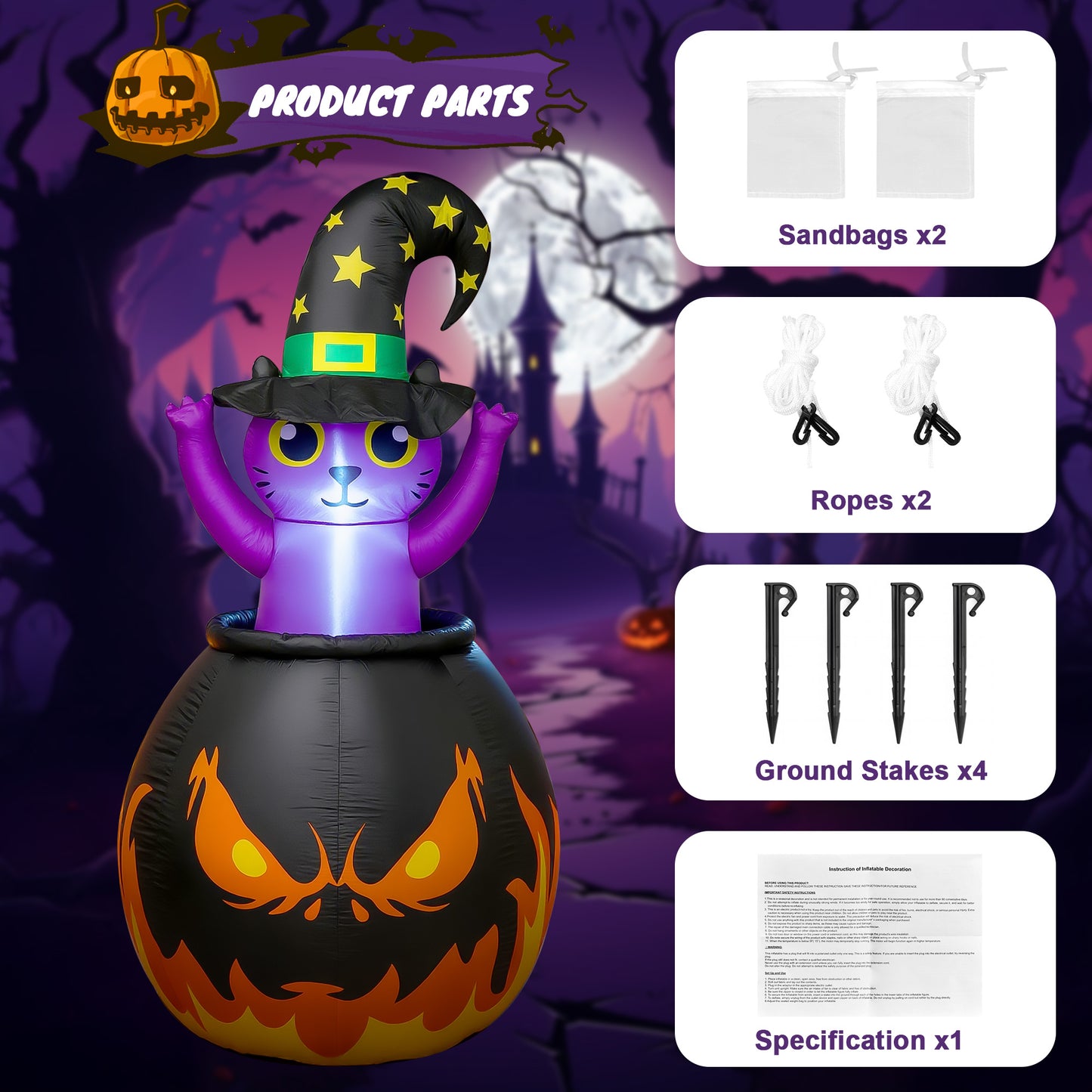 BeePrincess 6FT Halloween Inflatable - Glowing Witch Cat with LED Lights, Halloween Party Indoor Outdoor Yard Garden
