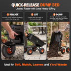 ELFWOLF 900 lb Heavy Duty Garden Dump Cart, 4 cu ft Yard Wagon with Quick-Release Dump Bed and Expandable Wood Rail Design