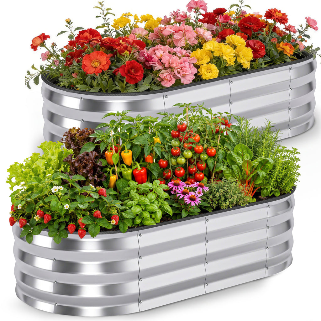 ELFWOLF Galvanized Raised Garden Bed, 2 Pack 4 x 2 x 1 FT Outdoor Metal Planter Boxes with Open Bottom for Vegetables, Silver