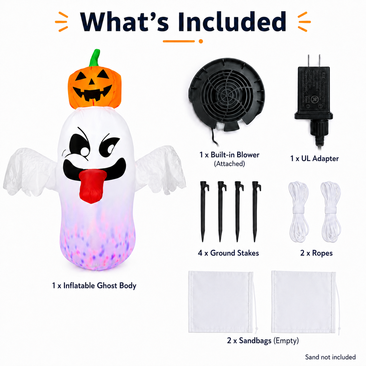 BEEPRINCESS 6FT Halloween Inflatable Ghost with Pumpkin Head, Light-Up Blow Up Outdoor Yard Decoration with White and RGB LED Lights