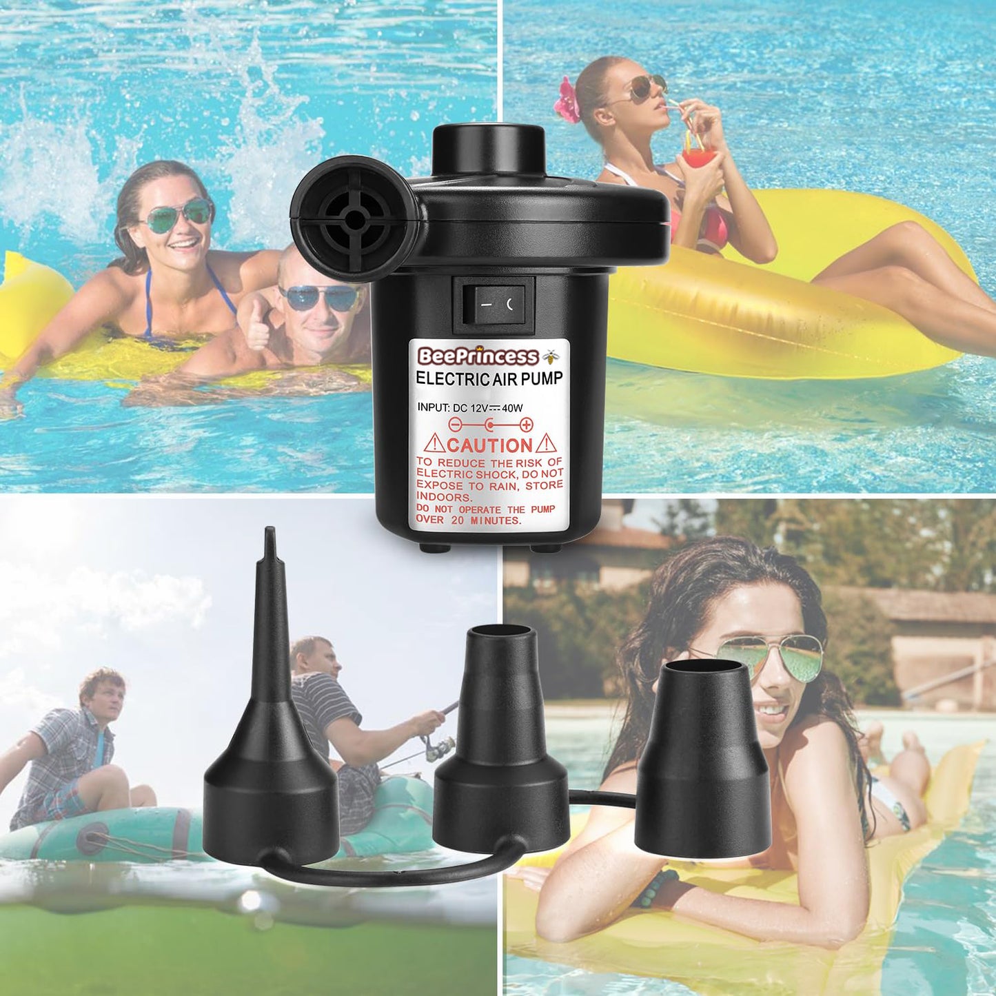 Beeprincess Electric Air Pumps for Inflatables with 3 Nozzles 110V AC/12V DC, Quick-Fill Inflator/Deflator for Inflatable Cushions, Air Mattresses, Boats, Swimming Rings