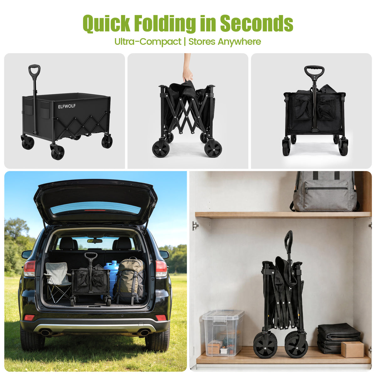 ELFWOLF Collapsible Wagon Cart, 220 lb Load Capacity, Lightweight Folding Wagon with Wheels for Camping, Gardening, Sports, Shopping & Grocery Transport