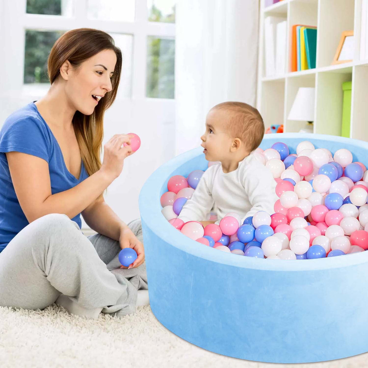 BEEPRINCESS Foam Ball Pit - Soft Play for Baby Infants and Toddlers Ages 1-3, Round Shape, No Balls Included, Blue