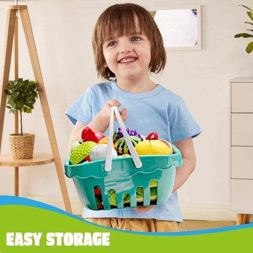 BeePrincess 30pcs Cutting Play Food Set Toy for Kids Kitchen, Pretend Food Toy for Toddlers Age 1-3, BPA-Free Cutting Play Fake Food/Vegetable/Fruits Play Kitchen Toys Accessories with Storage Basket