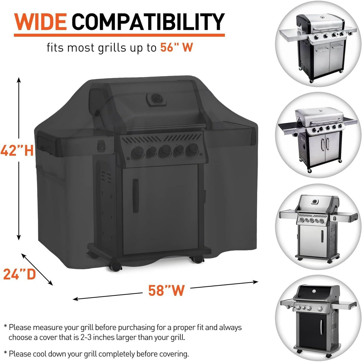 BEEPRINCESS BBQ Grill Cover, 58" Weather-Resistant Grill Cover for Outdoor Grill, Waterproof Gas Grill Covers with Adjustable Drawstring, Rip-Proof Barbecue Cover for Weber Nexgrill Grills and More