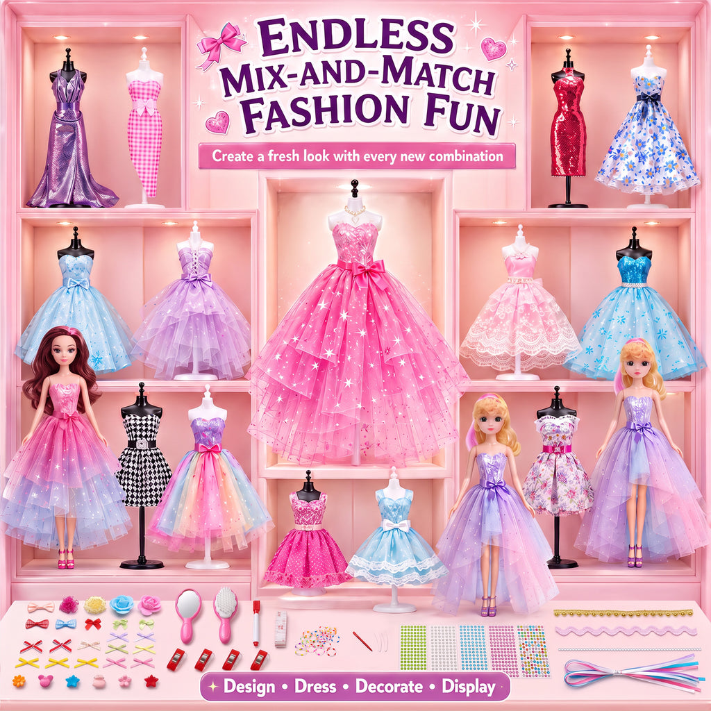 BEEPRINCESS 1500+ Pcs Fashion Designer Kit for Girls, DIY Doll Clothes Making Sewing Kit with 2 Dolls, 6 Mannequins, 60 Fabrics, Templates, Ribbons, Shoes & Bags, Arts and Crafts Toy Gift for Ages 6+