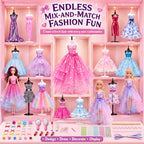 BEEPRINCESS 1500+ Pcs Fashion Designer Kit for Girls, DIY Doll Clothes Making Sewing Kit with 2 Dolls, 6 Mannequins, 60 Fabrics, Templates, Ribbons, Shoes & Bags, Arts and Crafts Toy Gift for Ages 6+