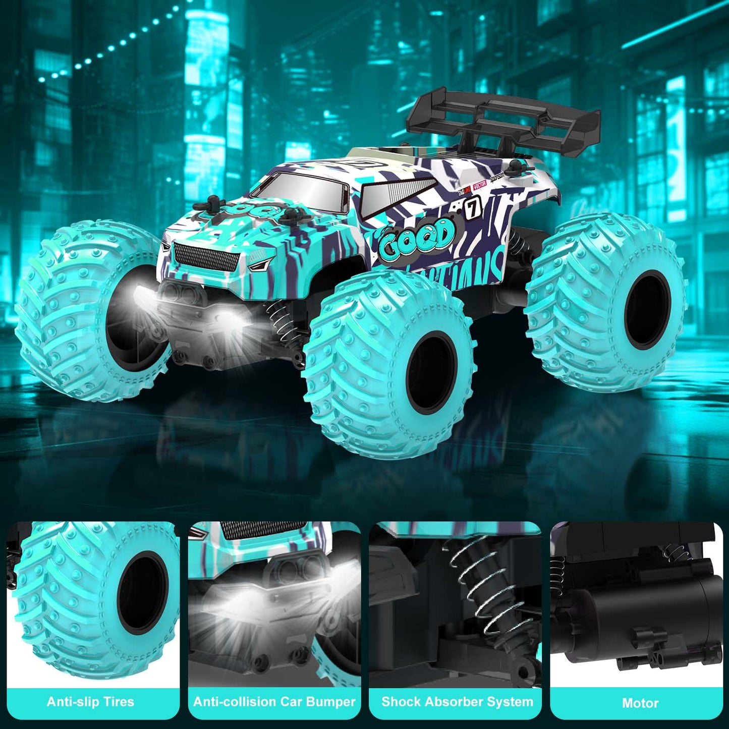 BEEPRINCESS Remote Control Car, 1:18 Scale All Terrain RC Cars, 2WD 20Km/h with Colorful LED Light and 2 Rechargeable Batteries, RC Monster Truck Off-road Racing Car Toys for Kids and Boys, Blue