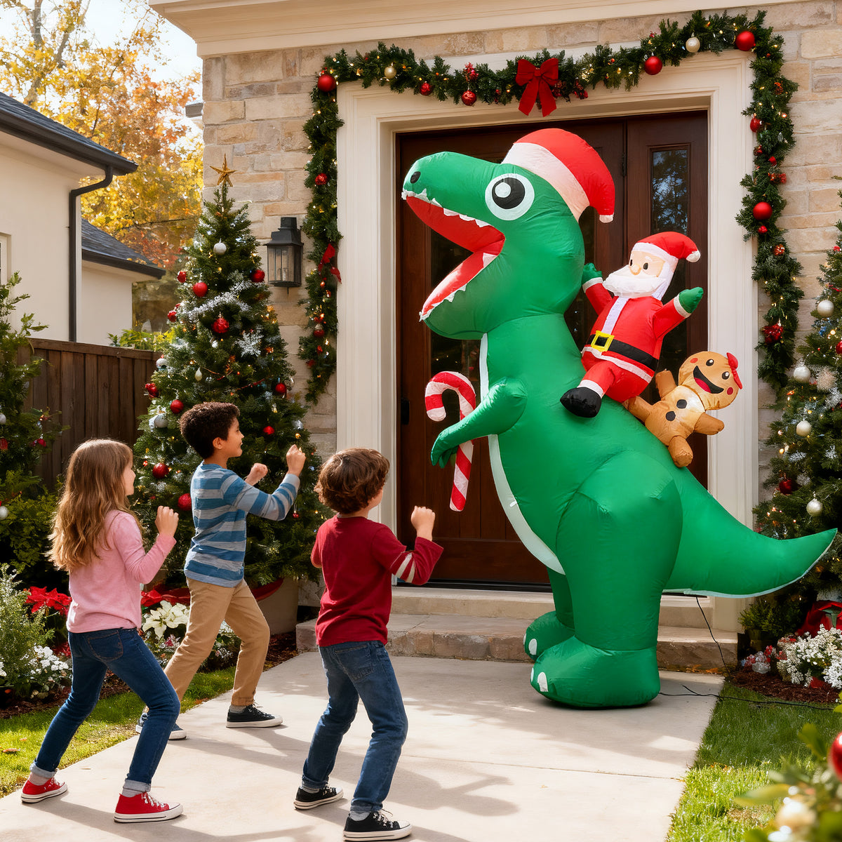 BeePrincess 7FT LED Santa Riding Dinosaur Christmas Inflatable - Outdoor Blow-Up Yard Decoration with Sandbags, Stakes & Strings for Garden, Lawn, Holiday Decor