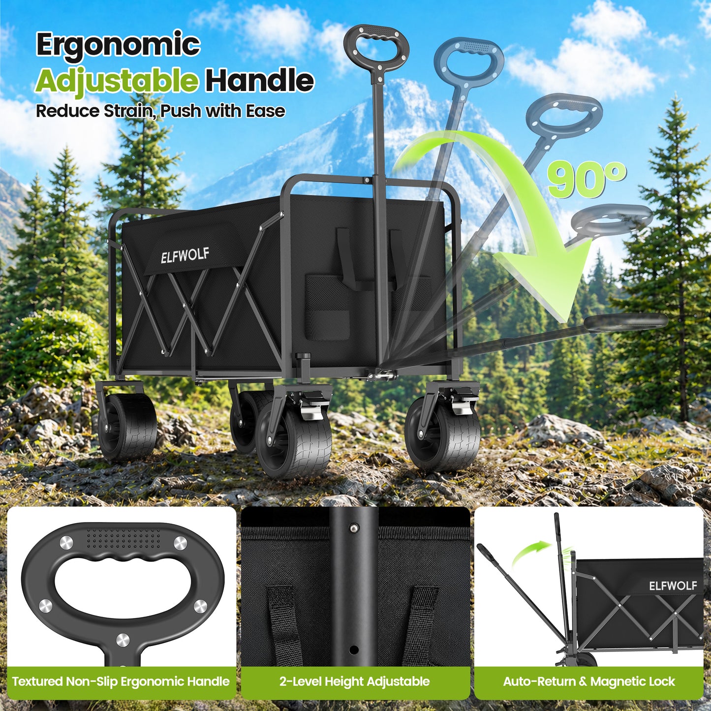 ELFWOLF Heavy Duty Folding Wagon Cart, 330 lb Load Capacity, All-Terrain Wheels, Portable Collapsible Wagon for Camping, Gardening, Sports, Shopping & Grocery Transport