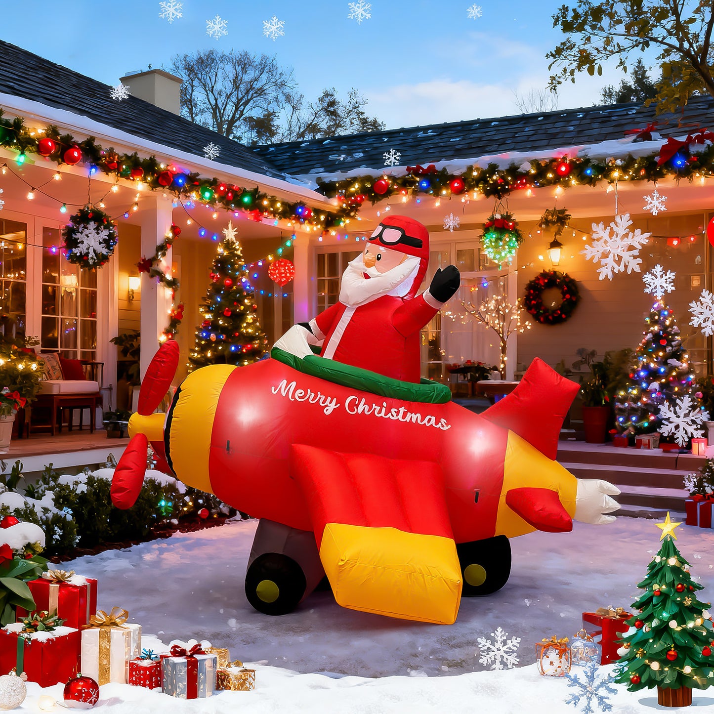 BeePrincess 7ft Animated Santa Helicopter Christmas Inflatable – Light-Up Flying Santa Claus, Outdoor Christmas Yard Decoration for Lawn, Garden, Party