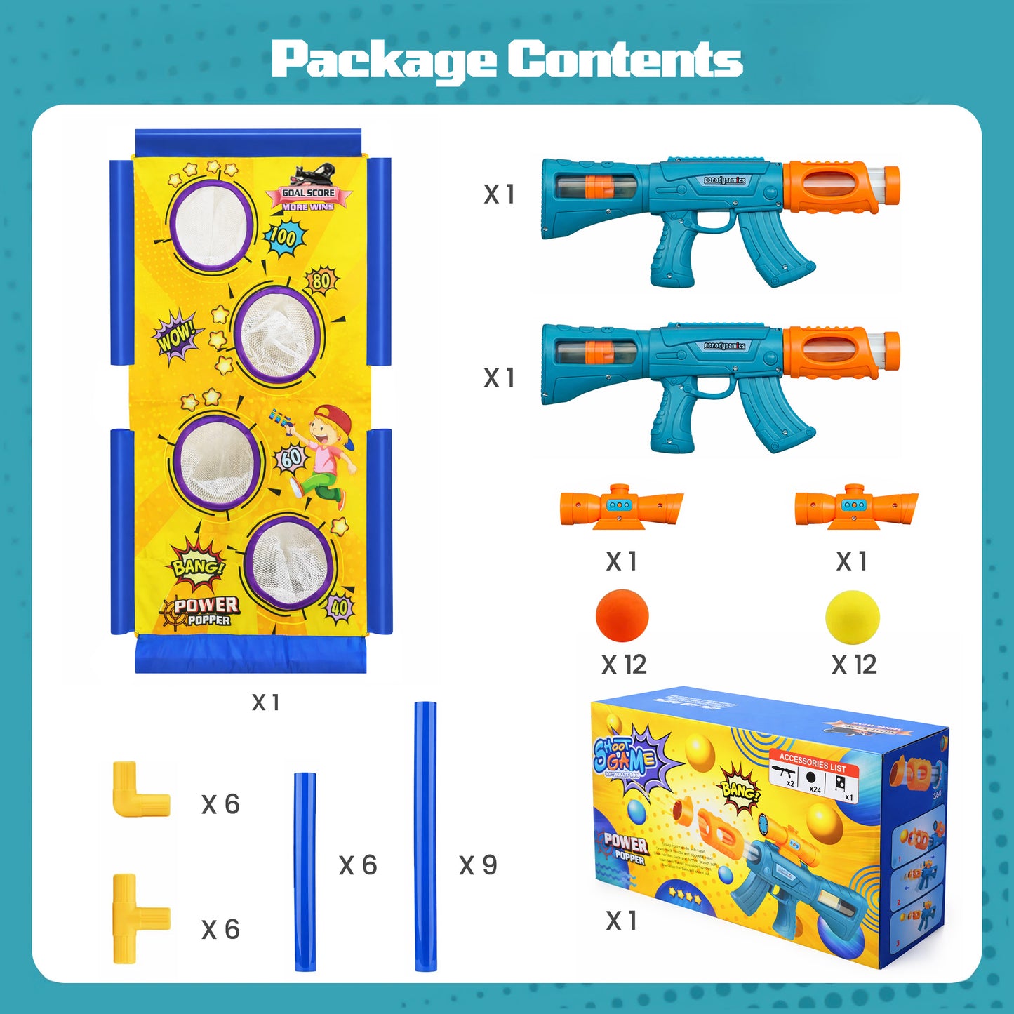 BEEPRINCESS Shooting Game Toy for Age 6, 7, 8, 9, 10+ Years Old Kids Boys - 2 Pack Air Toy Guns & Shooting Target & 24 Foam Balls - Ideal Gift for Christmas Birthday - Compatible with Toy Guns