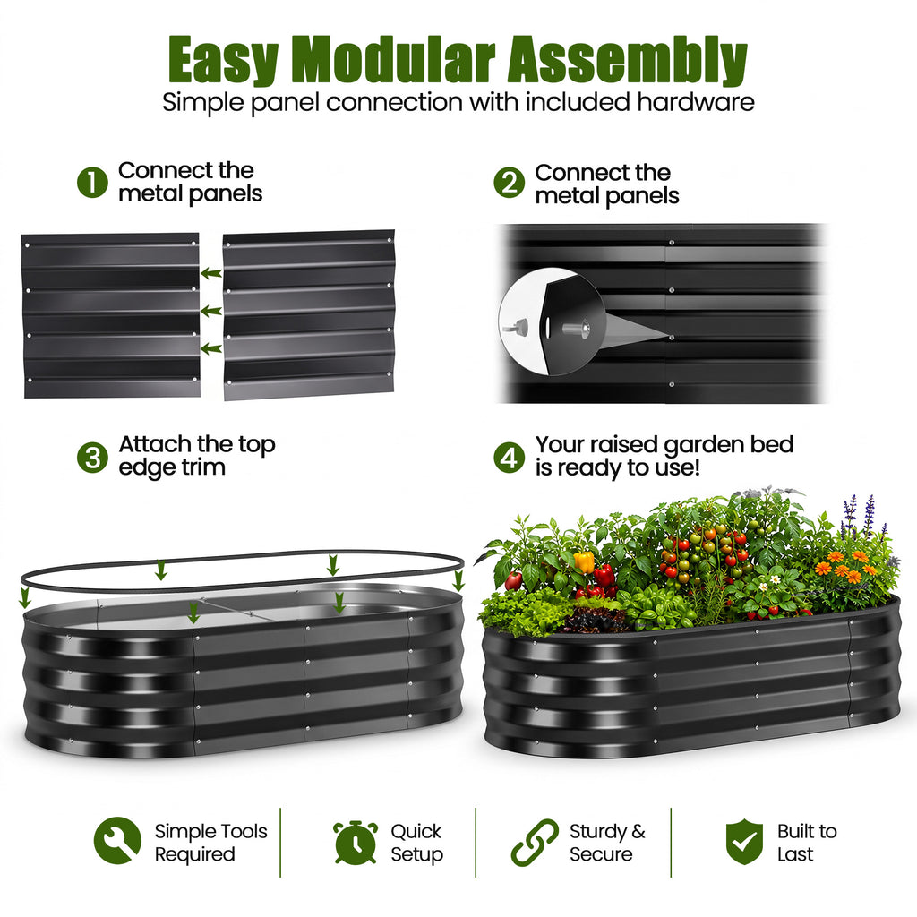 ELFWOLF Galvanized Raised Garden Bed, 4 x 2 x 1 FT Outdoor Metal Planter Box with Open Base for Vegetables, Flowers & Herbs, Black