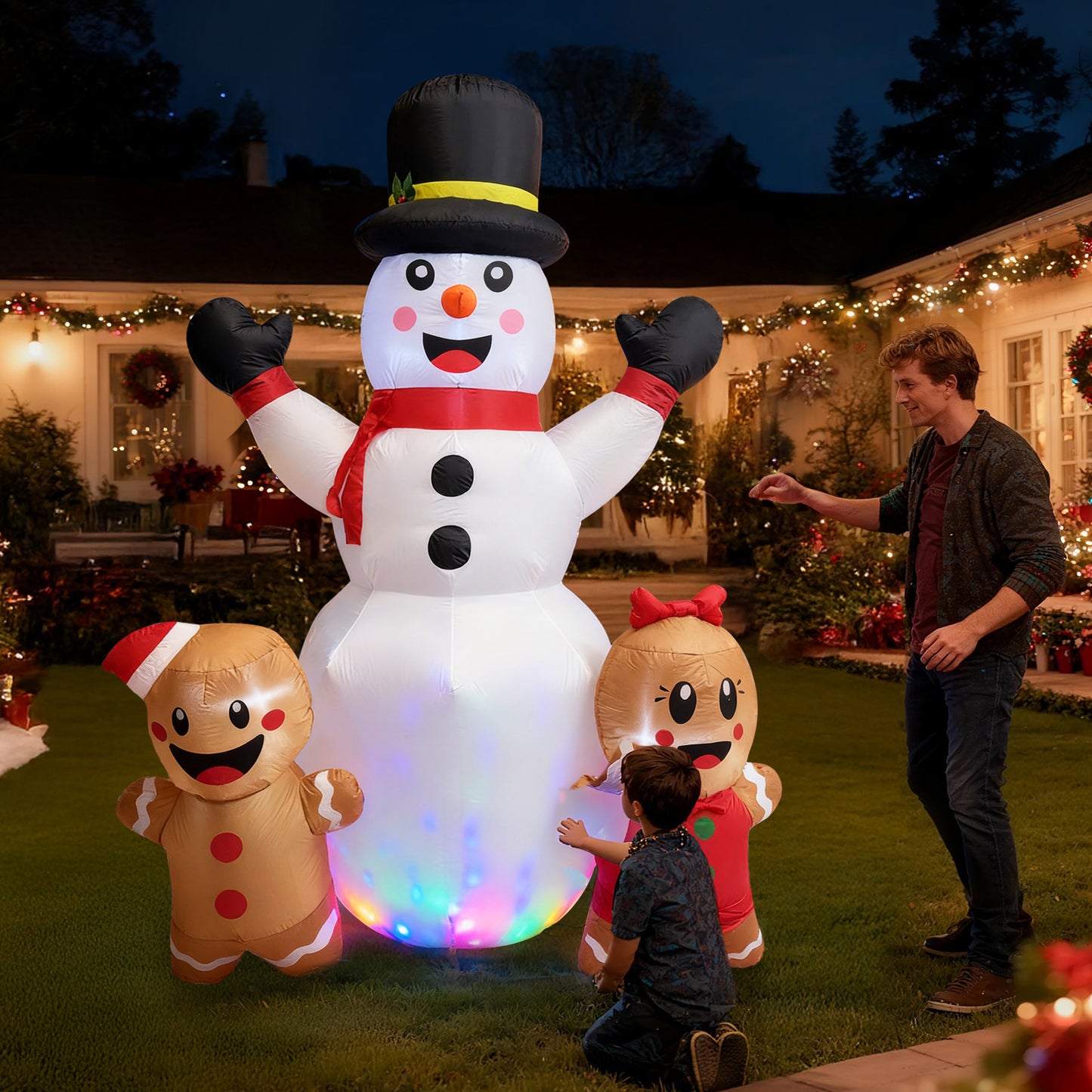 BeePrincess 7FT Christmas Inflatable Snowman & Gingerbread Men Set - Outdoor LED Decor with Adorable Trio for Yard, Garden Winter Decorations