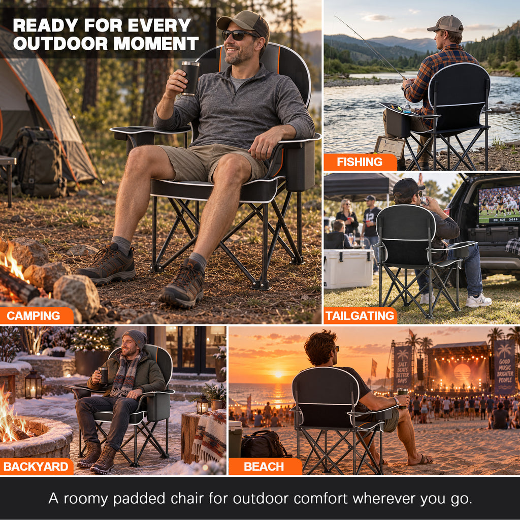 ELFWOLF Oversized Padded Camping Chair, 450 lb Heavy Duty Folding Camp Chair for Adults with Cooler Bag, Cup Holder, Rear Mesh Pocket and Carry Bag, Black/Dark Gray