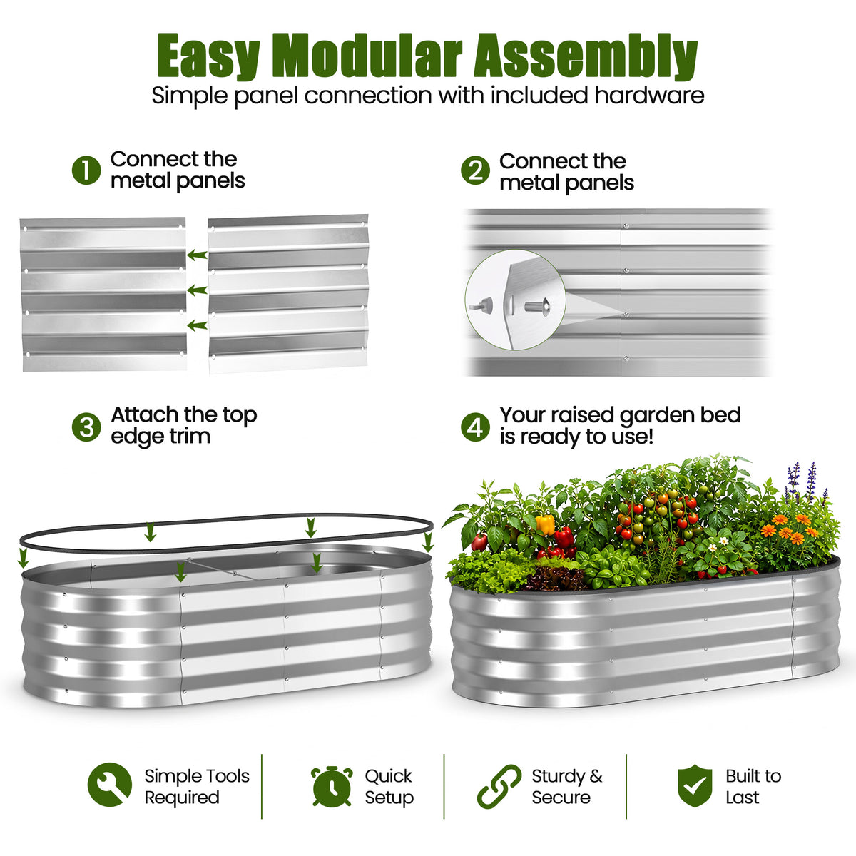 ELFWOLF Galvanized Raised Garden Bed, 4 x 2 x 1 FT Outdoor Metal Planter Box with Open Base for Vegetables, Flowers & Herbs, Silver