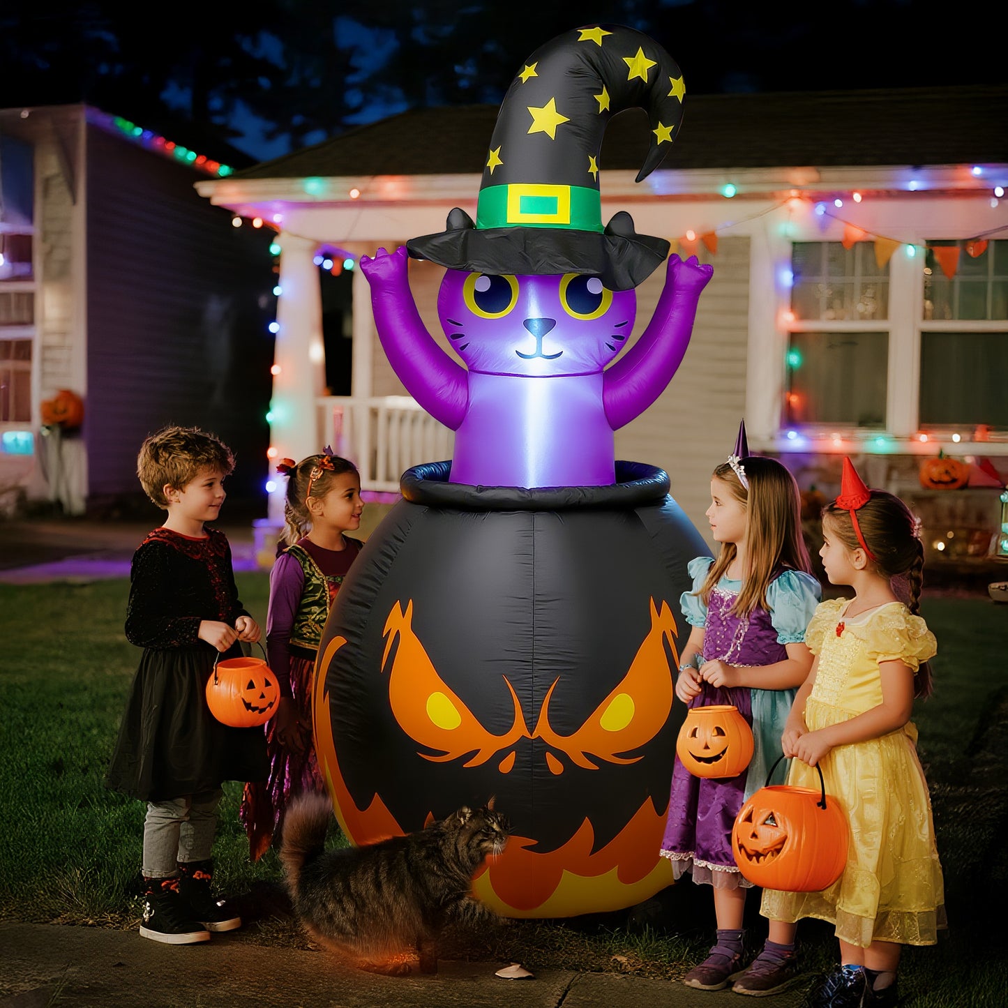 BeePrincess 6FT Halloween Inflatable - Glowing Witch Cat with LED Lights, Halloween Party Indoor Outdoor Yard Garden