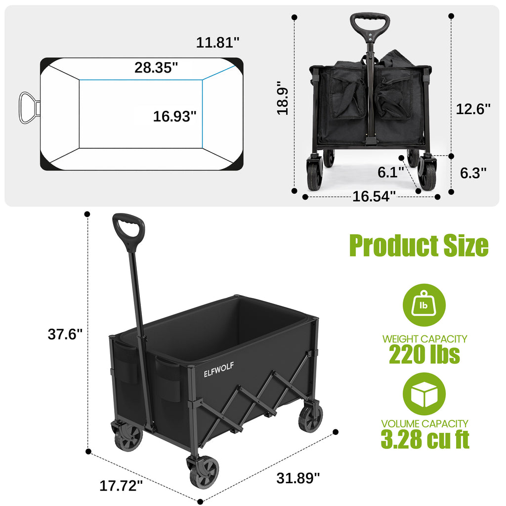 ELFWOLF Collapsible Wagon Cart, 220 lb Load Capacity, Lightweight Folding Wagon with Wheels for Camping, Gardening, Sports, Shopping & Grocery Transport