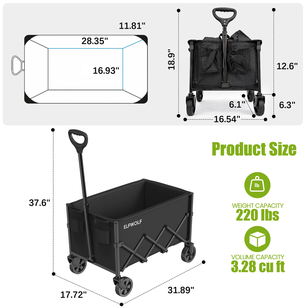 ELFWOLF Collapsible Wagon Cart, 220 lb Load Capacity, Lightweight Folding Wagon with Wheels for Camping, Gardening, Sports, Shopping & Grocery Transport