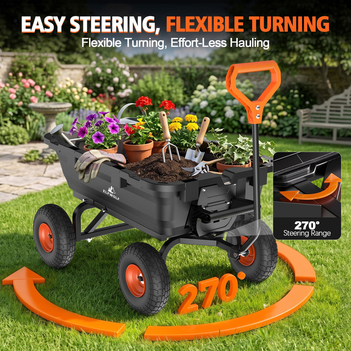 ELFWOLF 900 lb Heavy Duty Garden Dump Cart, 4 cu ft Yard Wagon with Quick-Release Dump Bed and Expandable Wood Rail Design