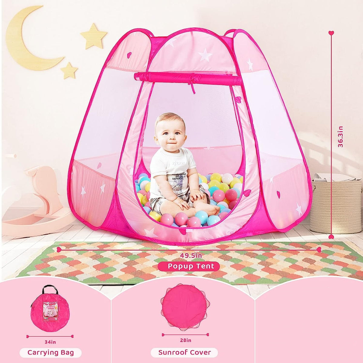 BEEPRINCESS Princess Playhouse Tent for Toddlers and Girls, Indoor & Outdoor Pop Up Play Tent for Kids, Foldable Ball Pit with Carrying Bag, Kids Playhouse Play Tent for 1 2 3 Years Old Birthday Gift