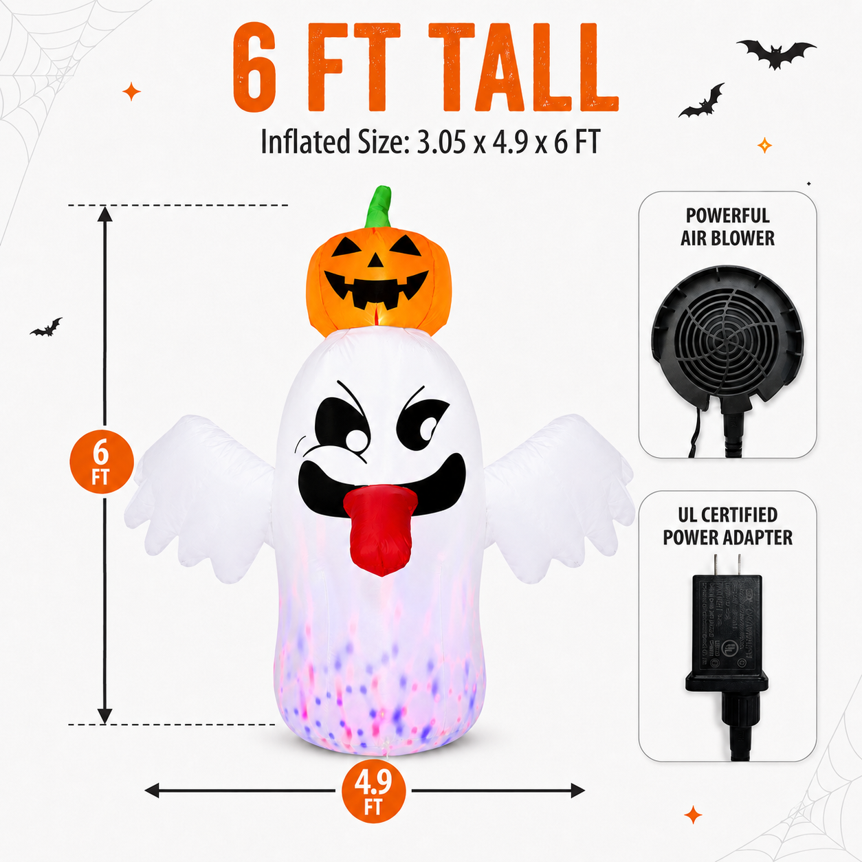 BEEPRINCESS 6FT Halloween Inflatable Ghost with Pumpkin Head, Light-Up Blow Up Outdoor Yard Decoration with White and RGB LED Lights